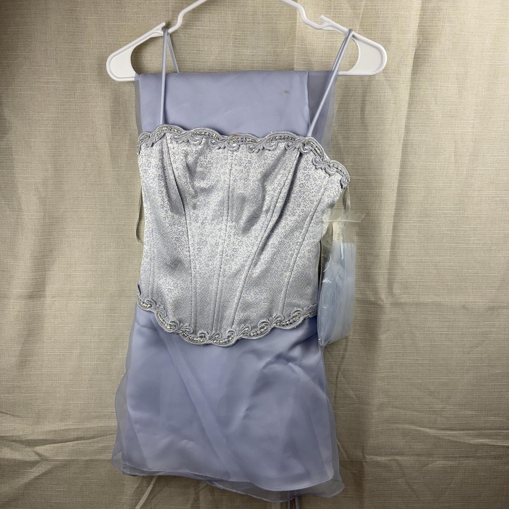 Y2k Betsy & Adam Skirt Corset Set Womens 4P Blue Chiffon Rhinestone VTG 90s